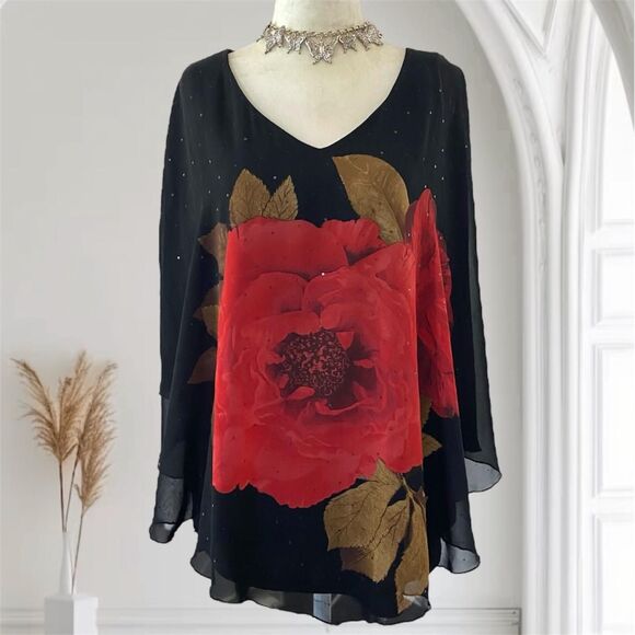 Dressbarn Whimsygoth Bat Sleeve Shawl Asymmetric Plus Size Mesh Rose Top 1X - Picture 1 of 7